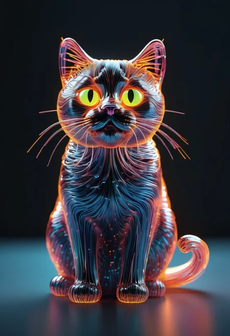 Score_9, score_8_up, score_7_up, high quality, 4k, 8k, extremely detailed, cat made out of tiny neon glass filaments, rendered in stunning detail by Andrei Kolkoutine. big, round eyes, adorable expression. fire, explosions, funny theme, witty, Humor and wit, Aesthetic appeal, Engagement sparks