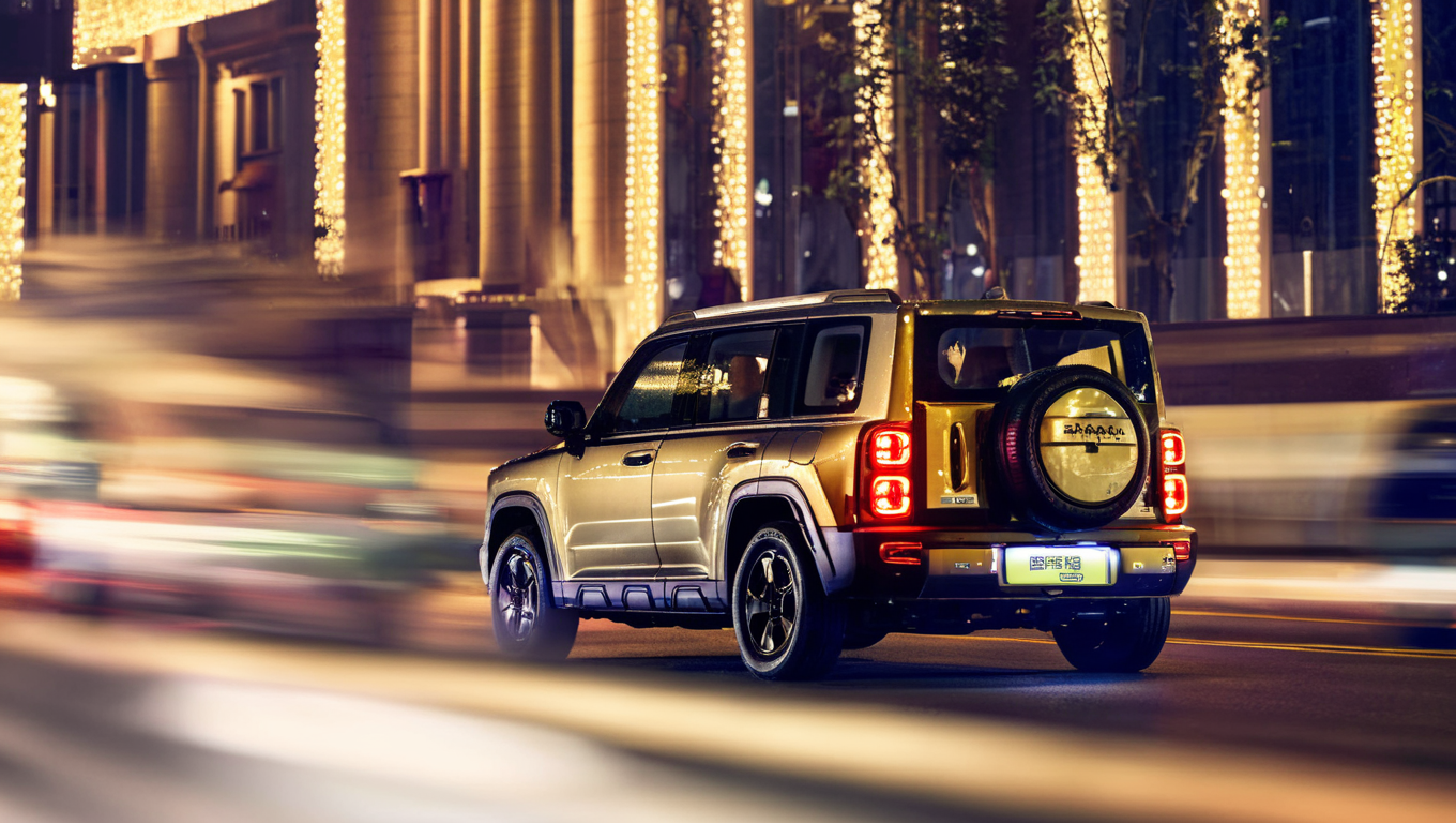a close-up of a gold Menglong B26 in the frontend view driving down a city street at night with a city skyline in the background. photo, realistic <lora:sdxl_menglong_b26_9_16:1.0>