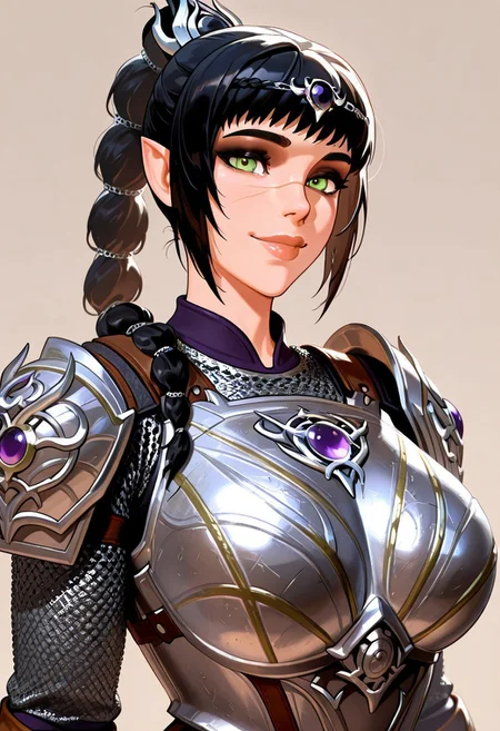 masterpiece,best quality,amazing quality, absurdres, <lora:shadowheart_bg3_ilxl_goofy:1> shadowheart \(baldur's gate\), 1girl, black hair, braid, breasts, elf, green eyes, large breasts, detailed lips, glossy lips, long hair, looking at viewer, multi-tied hair, pointy ears,scar on face,  simple background, smile, solo, body armor, shoulder pads, ,breastplate, chainmail,