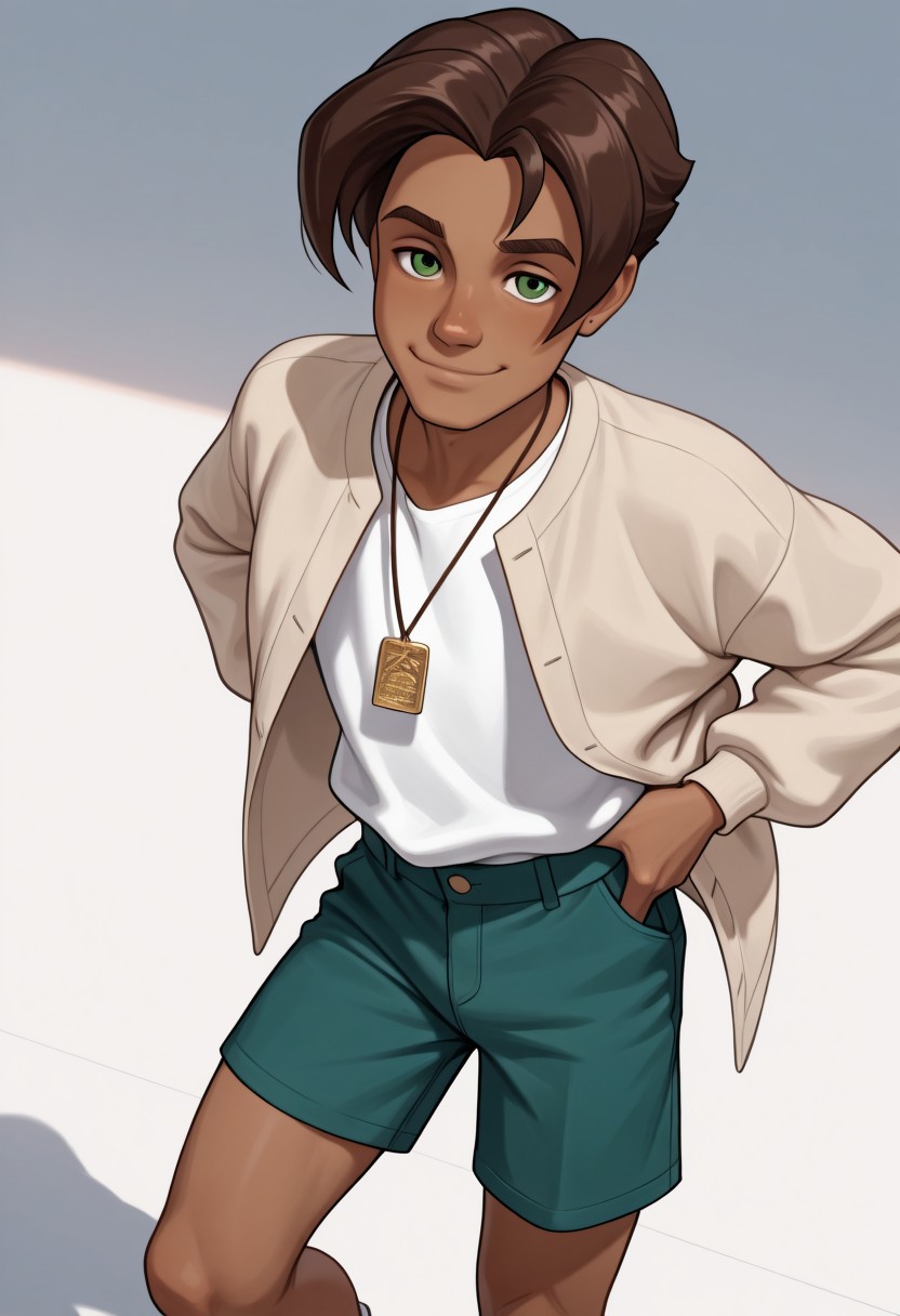 masterpiece, absurdres, high quality, perfect anatomy, 1boy, solo, cute boy, male focus, Presley, Dark Skin, Brown Hair, Green Eyes, Necklace, White Shirt, Tan Jacket, Green Shorts, smug smile, cinematic, intricately detailed illustration, depth of field, masterpiece, best quality, amazing quality, very aesthetic, absurdres, newest, very awa,  shadow, dynamic angle, casual cosplay, dynamic pose, simple background,