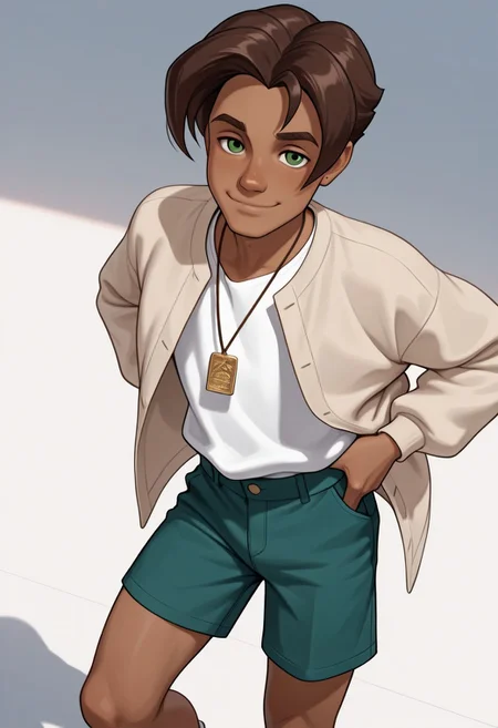 masterpiece, absurdres, high quality, perfect anatomy, 1boy, solo, cute boy, male focus, Presley, Dark Skin, Brown Hair, Green Eyes, Necklace, White Shirt, Tan Jacket, Green Shorts, smug smile, cinematic, intricately detailed illustration, depth of field, masterpiece, best quality, amazing quality, very aesthetic, absurdres, newest, very awa,  shadow, dynamic angle, casual cosplay, dynamic pose, simple background,