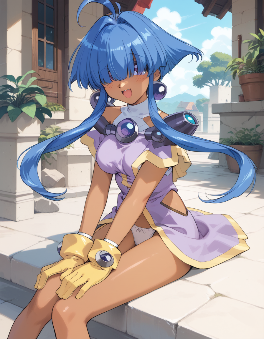 cacao, long_bangs, hair over eyes, long hair, short hair with long locks, blue hair, sidelocks, dark-skinned female, ahoge, dark skin, thigh gap, medium breasts,
earrings, jewelry, underwear, purple_dress, dress, white panties, yellow gloves, boots,
1990s (style), retro artstyle,
<lora:cacao_lambda_pony_v1:1>
sitting, dynamic pose ,
open mouth, blush,light smile
looking at viewer,(cowboy shot:1.3),
outdoors,, masterpiece, best quality, score_9, score_8_up, score_7_up, best quapoty, highres, absurdres, source_anime, zPDXL2, 1girl,