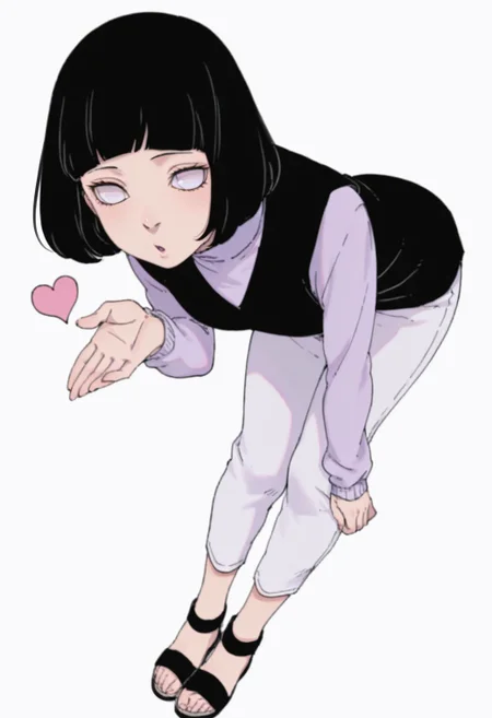 anime screencap, anime coloring,  <lora:DX888HinataBM:1> hyuuga hinata, black hair,  bob cut,  (short bangs:1.2), byakugan eyes, , turtleneck sweater, purple sweater, black vest, capri pants, white pants BREAK simple background, white background, BREAK    1girl, (bent over:1.2), blowing kiss,  looking at viewer, blush,   full body,  from below, heart,