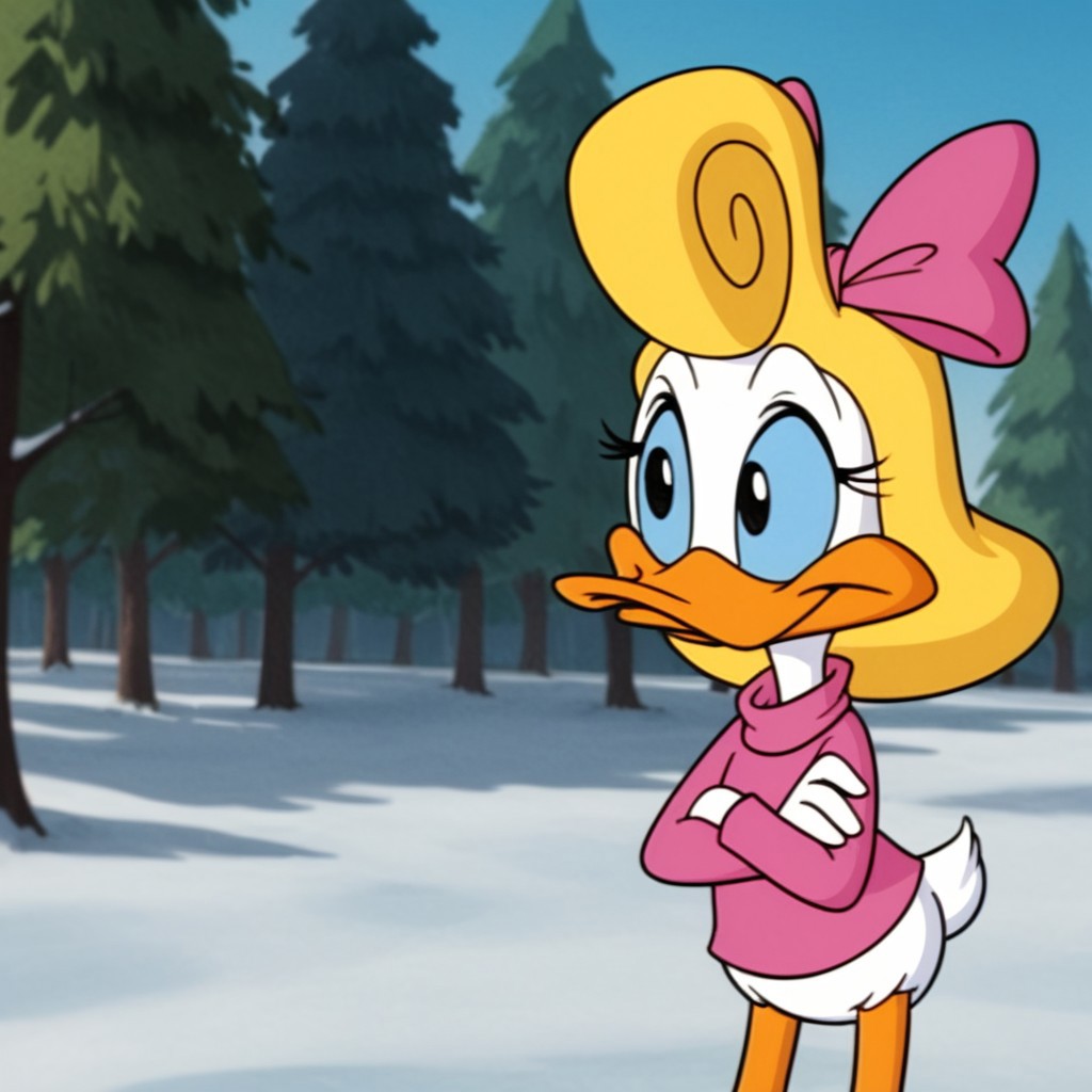 score_9, score_8_up, score_7_up, score_6_up, score_5_up, score_4_up, source_furry, Shirleytta, semi-anthro, female, duck, blonde hair, blue sclera, black eyes, white feathers, pink bow, pink shirt, standing, outside, winter, snow, crossed arms, freezing