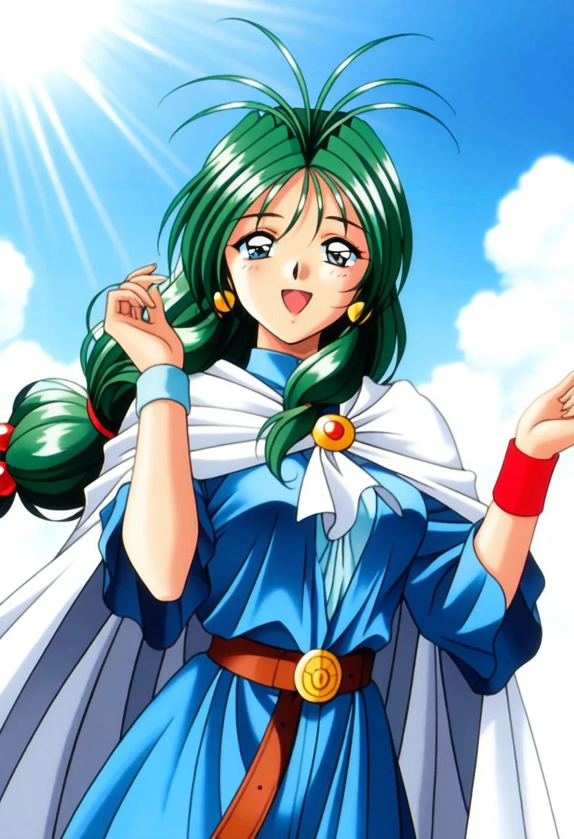 masterpiece, best quality, amazing quality, very aesthetic, high resolution, 1girl, cowboy shot, anime-style, digital art, high resolution, cute girl, smiling, sunlight, bright, clear sky, blue sky, clouds, daytime, outdoor, wind blowing her hair, dynamic pose, cheerful mood, light reflections, detailed background, high quality, beautiful, attractive, light rays, bright lighting, sky, joyful, happy, energetic, bright atmosphere, detailed shading, anime aesthetics, vibrant, lively, braid, jewelry, belt, cape, blue dress, wristband, retro artstyle, 1990s \(style\),
clairemm, blue eyes, green hair, antenna hair, long hair, low-tied long hair, hair bobbles, medium breasts, mature female,