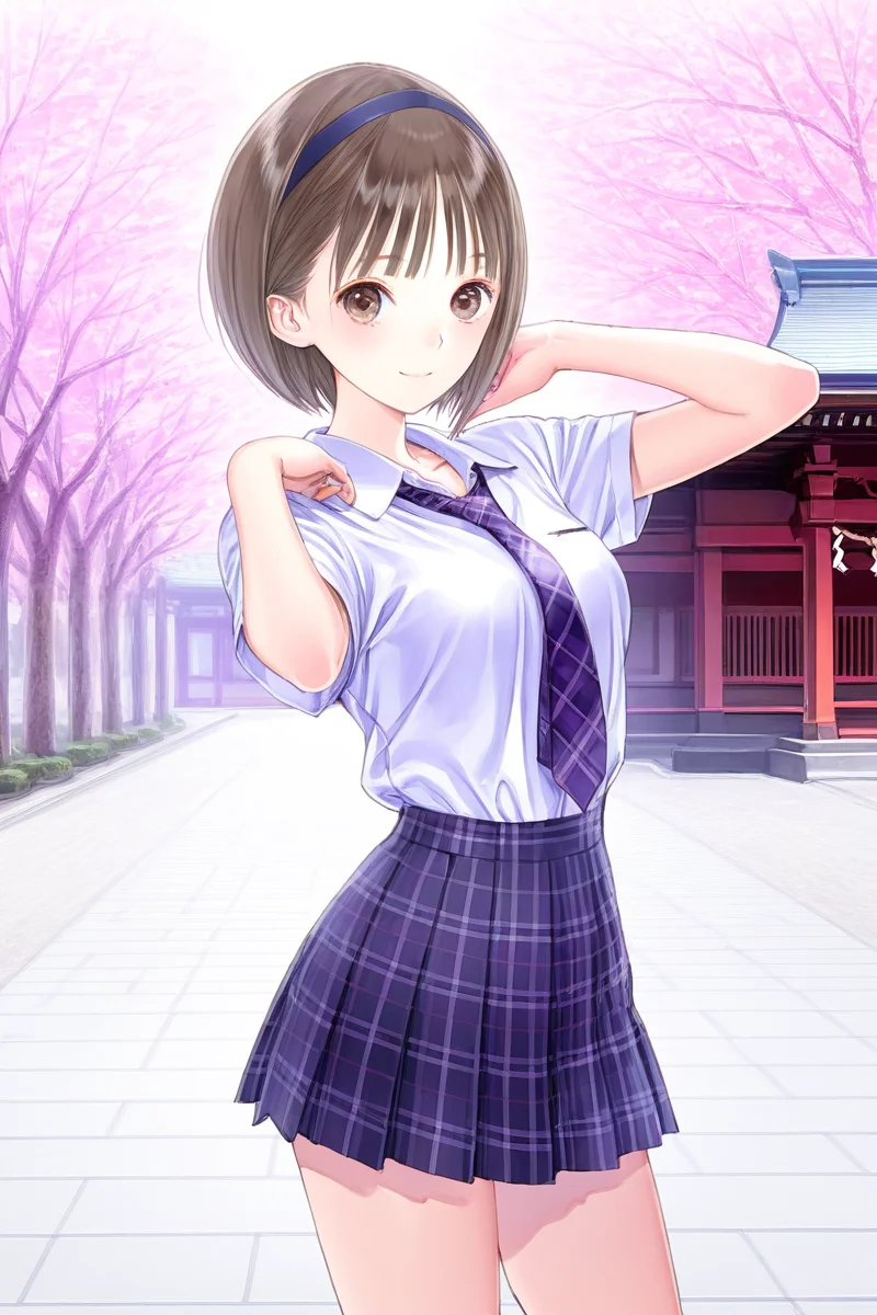 <lora:Hoshizaki_Ao_Blue_Reflection_Illus:1>1girl, solo, looking at viewer, short hair, skirt, japanese temple, sakura petal, sakura tree, center of attention, brown hair, brown eyes, school uniform, standing, cowboy shot, pleated skirt, hairband, purple tartan necktie, plaid, plaid skirt, bob cut, Hoshizaki Ao, white shirt, short sleeves, school uniform outfit, sexy pose, sexy smile, hairband, headband, kishida mel,