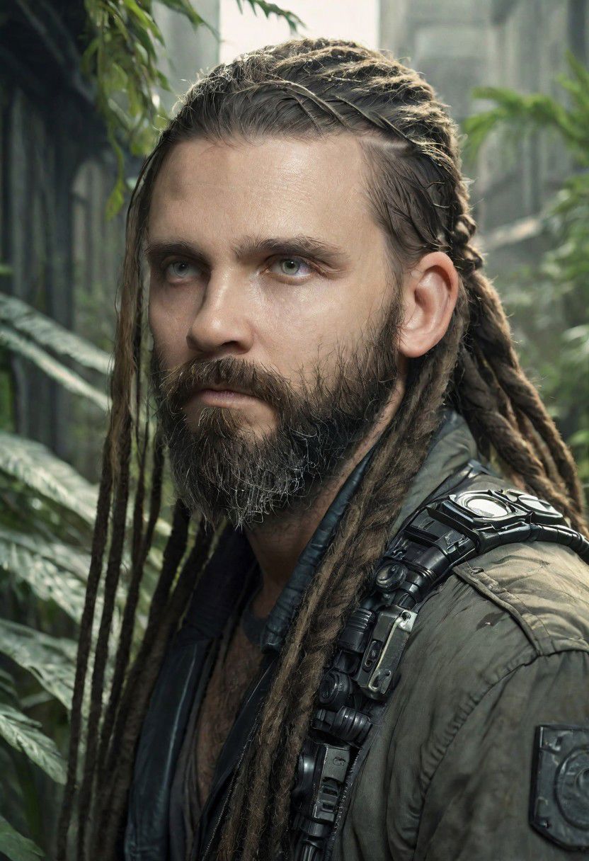 portrait of a bearded man, a lot of long dreadlocks with braids, old jacket, (in a post apocalyptic city overgrown with lush vegetation:1.3), by Luis Royo, by Greg Rutkowski, epic realistic, dark, gritty, intricate, volumetric lighting, volumetric atmosphere, concept art, octane render, trending on artstation, 8k, dynamic pose Artstation, made of intricate realistic white glowing circuits and robotic parts covered in polished obsidian and onyx plates, cinematic lighting, photo realistic