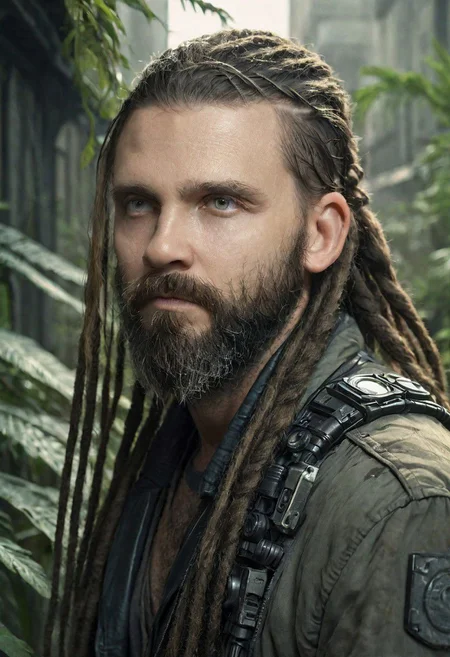 portrait of a bearded man, a lot of long dreadlocks with braids, old jacket, (in a post apocalyptic city overgrown with lush vegetation:1.3), by Luis Royo, by Greg Rutkowski, epic realistic, dark, gritty, intricate, volumetric lighting, volumetric atmosphere, concept art, octane render, trending on artstation, 8k, dynamic pose Artstation, made of intricate realistic white glowing circuits and robotic parts covered in polished obsidian and onyx plates, cinematic lighting, photo realistic