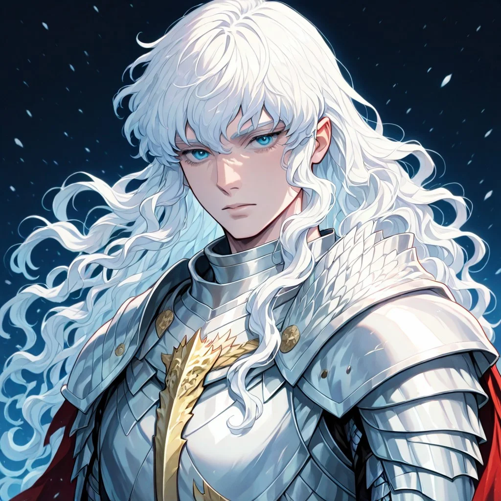 masterpiece, best quality, newest, absurdres, highres, FCOMV1.0, 1boy, griffith_(berserk), white hair, blue eyes, wavy hair, armor,