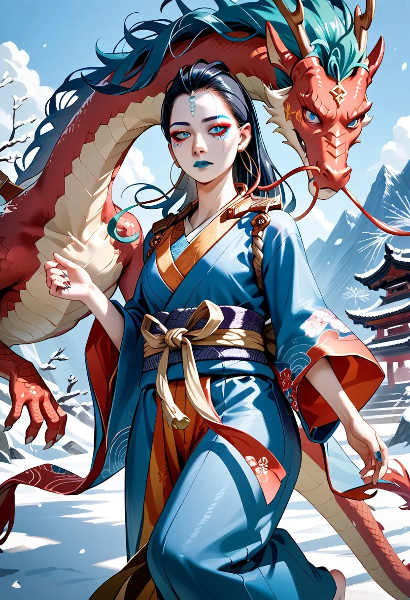 score_9,score_8_up,score_7_up,source_anime, Kang-Jin Star,1girl,solo,jewelry,half body,japanese clothes,barefoot,wide sleeves,kimono,sash,makeup,dragon,eastern dragon,