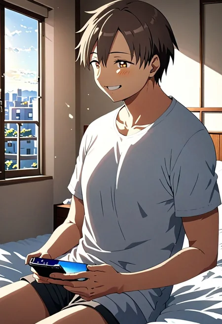 high resolution, solo, best quality, 1Boy, Takaki Toono, Brownish Hair, Brown Eyes, holding smartphone, t-shirt, on the bed, sunny day, window, smile, open eyes, side view, sit, nap, indoor, bed room, OverallDetail