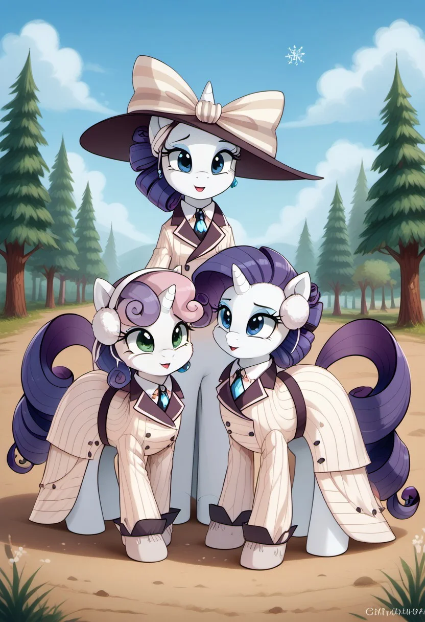 score_9, score_8_up, score_7_up, ( titanic an elegant white striped dress with lilac details a pink lilac hat with a wide brim decorated with a pink bow earrings with blue a pink tie with a blue crysta MegaFluffyPony, furry, fluffy Rarity and Sweetie Belle Together mlp detailed face cutie mark forest 1.2), cute, very fuzzy,(detailed background), safe_rating walking together earmuffs scarf snowflakes snow