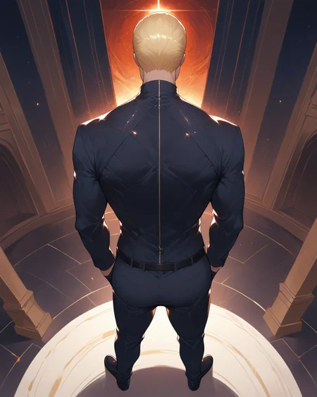 score_9, score_8_up, score_7_up, score_6_up, source_anime, rating_explicit, ah1, best quality, (masterpiece:1.4), (high quality:1.4), sharp focus, 4k, absurd resolution, <lora:albertwesker-guy-PONYv1:0.8> albertwesker, albert wesker, 1boy, solo, blonde, black gloves, sunglasses, belt, pants, black coat, black pants, looking at viewer, toned, athletic, fit, slicked back hair, black turtleneck, zipper, mature male, (graphene textured clothes), black boots, (Jacket Over the Shoulder), (Moonlit Masquerade Ball in a Grand Hall), bad-hands-5, ((longing gaze, slightly parted lips, dreamy eyes expression)), <lora:xl_more_art-full_v1:0.4>, <lora:shinyskin2:0.3> glistening skin, <lora:aesthetic_anime_v1s:0.4>, <lora:Expressive_H:0.4> Expressiveh, <lora:hairdetailpxl:0.4> hairdetailpxl, <lora:EpicF4nta5yXL:0.4>, <lora:detailxl:0.4> detailxl, <lora:Fant5yP0ny:0.4> (High Angle (from behind) view medium Close shot), (Long Johns), (focused, intense glare), slit pupils, short hair, (reddish orange eyes),