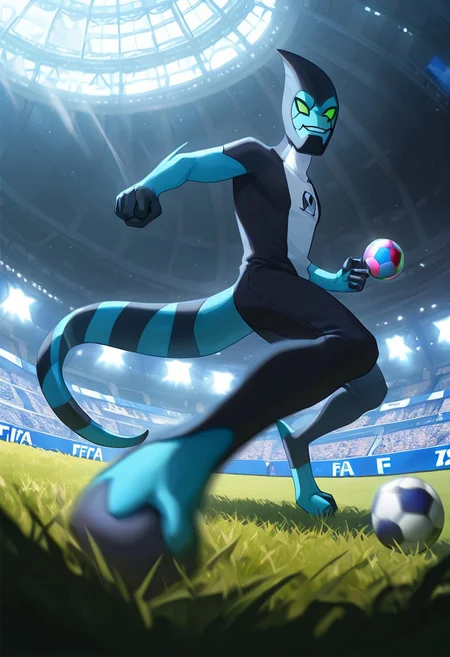masterpiece, best quality, amazing quality, very aesthetic, absurdres, newest,, detailed background,
movie scene, cinematic scene, cinematic, foreground blur, depth of field,
xlr8, blue skin, green eyes, 1boy, stripped tail, reptile tail, green sclera, pokemon (creature), alien, black chin,
soccer field, from below, soccer ball, stadium, fifa, kicking ball, grass, smile, grin,