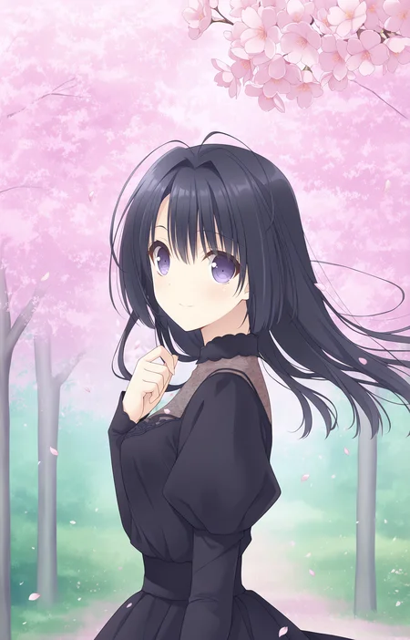 masterpiece, best quality, high quality, detailed, absurdres,newest, scenery, 1girl, solo, official style,best perspective,depth of field, very_aesthetic, best_quality ,high_resolusion, (8K:1.5),,crisp quality, ultra detailed,perfect anatomy,perfect lighting,anime screencap, perfect eyes,detailed eyes,<lora:Ookura_Risona_Illustrious_V2:1>,1girl,risona, black dress risona, bangs, black hair, hair between eyes, purple eyes,
1girl, solo, long hair, looking at viewer, flower, cherry blossoms, upper body, outdoors, floating hair, petals, smile, looking back, tree, blurry, blurry background, day, closed mouth, from side, pink flower, hand up
