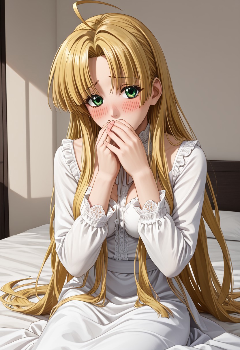 Masterpiece, best quality, high quality, highres, 4k, detailed face, anime style, Expressiveh, bmbplora, asia argento, blonde hair, green eyes, long hair, ahoge, parted bangs, medium breast, White Blouse, long Sleeves, long skirt, shy, blushing, covering mouth, sideward glance,