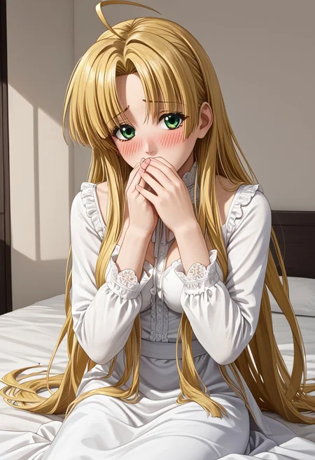 Masterpiece, best quality, high quality, highres, 4k, detailed face, anime style, Expressiveh, bmbplora, asia argento, blonde hair, green eyes, long hair, ahoge, parted bangs, medium breast, White Blouse, long Sleeves, long skirt, shy, blushing, covering mouth, sideward glance,