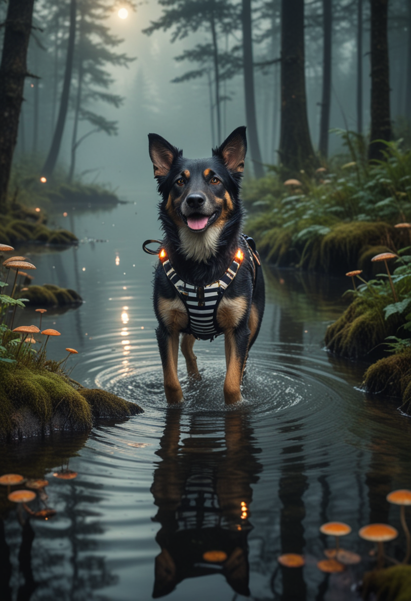 (medium full shot) of (protective dog) with black wiry fur, wearing a striped harness, performing swimming in a lake, set in  a mystical forest, with misty paths, glowing mushrooms, soft undergrowth, and a curious dog exploring, in the evening, Masterpiece,best quality, photo, realistic, very aesthetic,