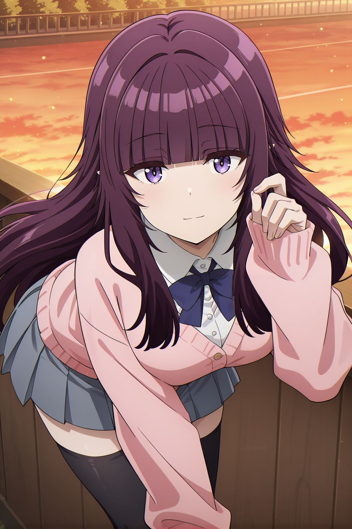 absurdres, highres, masterpiece, best quality, amazing quality, official anime artwork, screencap, anime screencap, outdoors, dynamic pose,  looking at viewer, 
<lora:Eta_Illustrious:1> Eta, 1girl, solo, purple eyes, purple hair, long hair, blunt bangs, sidelocks, pointy ears,, pink cardigan, long sleeves, sleeves past wrists, school uniform, collared shirt, white shirt, miniskirt, pleated skirt, grey skirt, black thighhighs, zettai ryouiki, light smile,