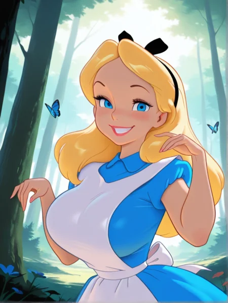 masterpiece, best quality, amazing quality, very aesthetic, absurdres, newest, detailed background, outdoors, dynamic angle, forest, butterflies, 4k, 8k,
alicexd, 1girl, solo, blonde hair, long hair, hairbow, blue dress, white apron, bow, upper body, large breasts, wide hips, narrow waist, looking at viewer, blue eyes, smile, cute pose, lips, grin, naughty face, mature woman, white rabbit, holding
<lora:Alice_-_Disney_Illustrious:1>