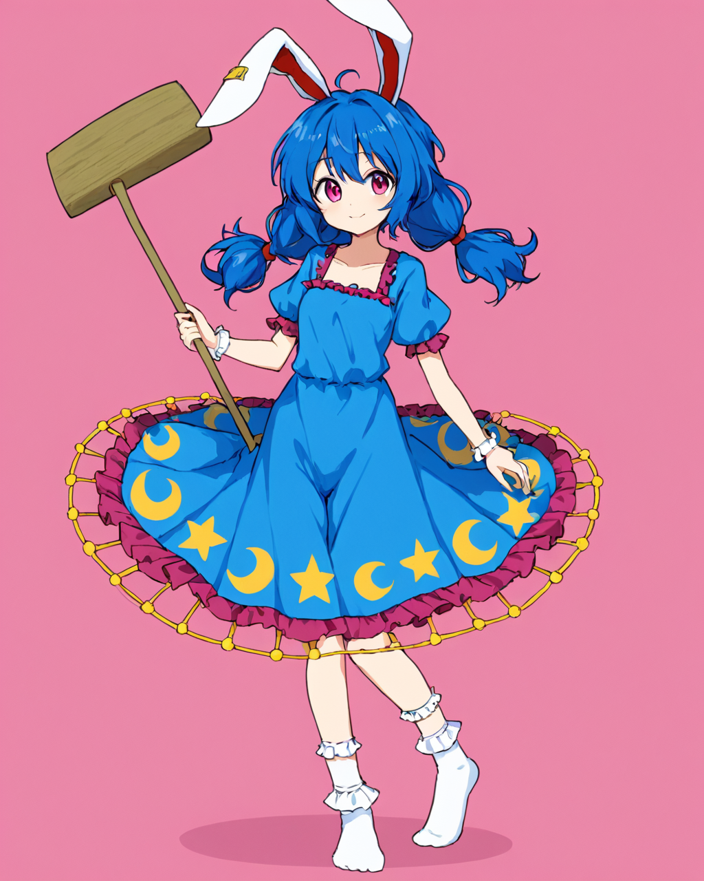 seiran \(touhou\),1girl, solo, kine, blue_dress, pink_background, smile, earclip, simple_background, star_print, white_socks, star_\(symbol\), looking_at_viewer, bloomers, full_body, stain, holding, collarbone, crescent, crescent_print, standing, low_twintails, bobby_socks, puffy_short_sleeves, short_dress, red_ribbon, frills, closed_mouth
<lora:seiran_(touhou)_image1670_2023-12-20-000010:1>,star-shaped_pupils,symbol-shaped_pupils,. gorgeous,key visual, vibrant, studio anime,award-winning, professional, highly detailed,high budget, cinemascope
