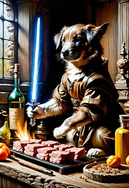 puppy wolverine Obi-Wan, grilling beef on light saber,
Oil Painting,
(Renaissance Paintings, Renaissance style, beautiful, painterly, detailed, textural, artistic), (((intricate details, highly detailed, ultra-detailed, absurdres))), (unreal engine, octane rendering, Anti-Aliasing, sharp focus, natural lighting, high saturation, high contrast, vivid, vibrant, studio lighting, best texture quality), beautiful detailed scenery,
Style-Renaissance