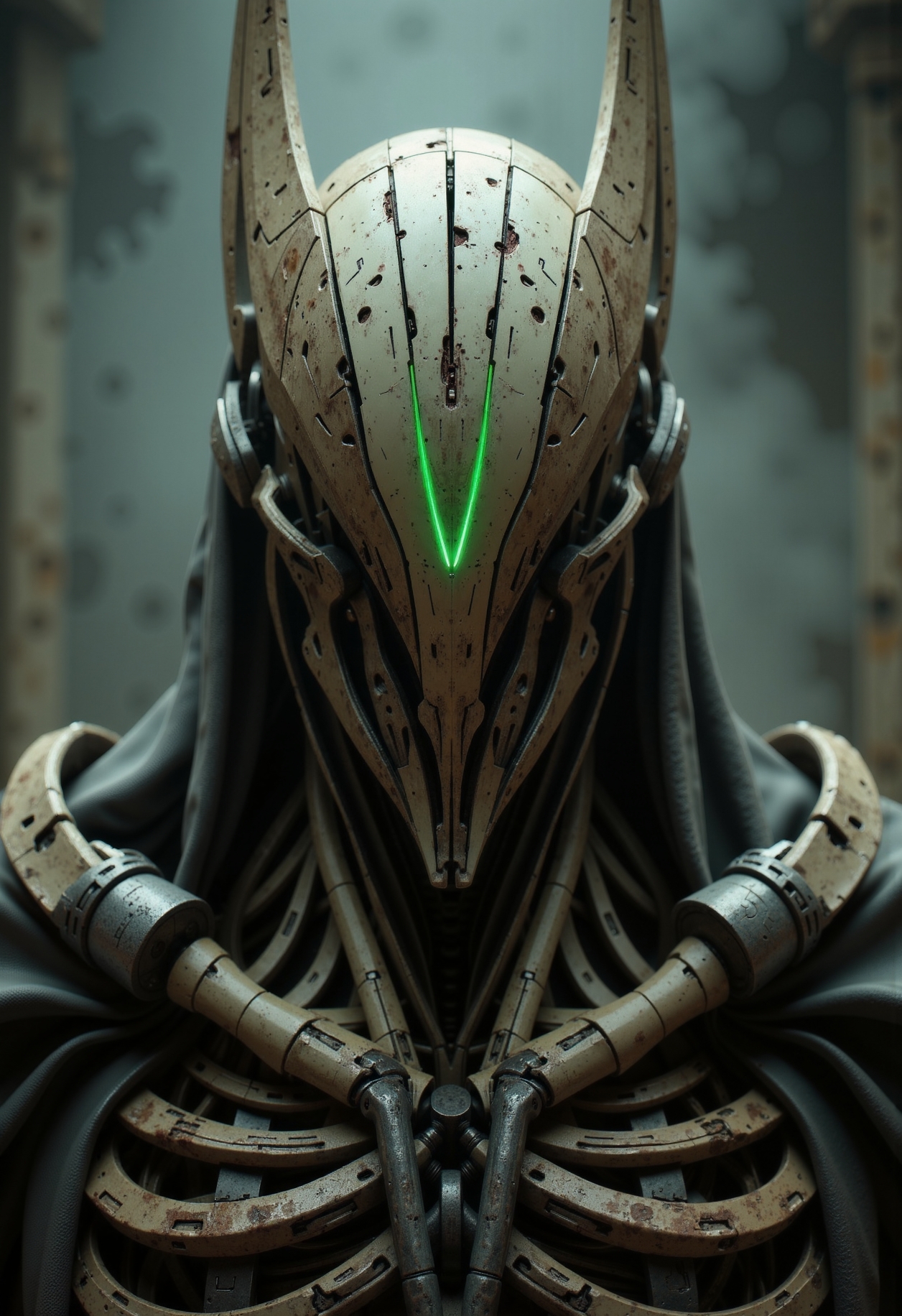 in the style of ckfa,     Photorealistic portrait of a faceless bone golem warrior, crafted with the grim artistry of a Diablo Necromancer. Shown in a deliberate quarter view, head tilted slightly as if awaiting command. Features a helmet constructed primarily from smoothly polished, interlocking bone segments forming a V-shape faceguard, perhaps inlaid with dull, leaden metal. The helmet's sides are smooth, unbroken surfaces of bleached bone. A cold, spectral green or faint purple light pulses softly from behind the faceguard and from inscribed glyphs on the bone. Extremely intricate neck and upper torso are visible, displaying layered bone plates articulated with dark metal joints, woven sinew, and perhaps draped in tattered, dark grave shrouds, suggesting morbid craftsmanship. Set against a hazy, out-of-focus background of an ancient tomb interior, an ossuary, or the misty swamps near Kurast. Moody, ethereal cinematic lighting emphasizing the smooth texture of bone contrasted with dark metal/cloth and the spectral glow, hyperrealistic textures, shallow depth of field.