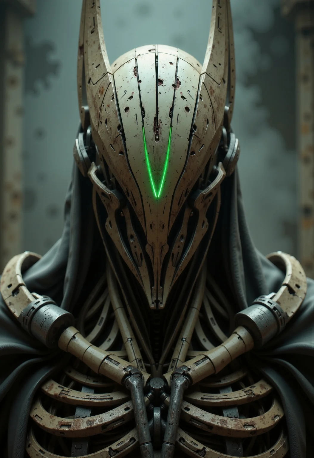 in the style of ckfa, Photorealistic portrait of a faceless bone golem warrior, crafted with the grim artistry of a Diablo Necromancer. Shown in a deliberate quarter view, head tilted slightly as if awaiting command. Features a helmet constructed primarily from smoothly polished, interlocking bone segments forming a V-shape faceguard, perhaps inlaid with dull, leaden metal. The helmet's sides are smooth, unbroken surfaces of bleached bone. A cold, spectral green or faint purple light pulses softly from behind the faceguard and from inscribed glyphs on the bone. Extremely intricate neck and upper torso are visible, displaying layered bone plates articulated with dark metal joints, woven sinew, and perhaps draped in tattered, dark grave shrouds, suggesting morbid craftsmanship. Set against a hazy, out-of-focus background of an ancient tomb interior, an ossuary, or the misty swamps near Kurast. Moody, ethereal cinematic lighting emphasizing the smooth texture of bone contrasted with dark metal/cloth and the spectral glow, hyperrealistic textures, shallow depth of field.