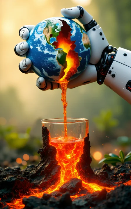 thumb clenched. cybernetic arm.thumb squeezes in planet Earth. all fingers are clenched on the planet Earth. planet Earth lava glows inside planet Earth. broken planet Earth .planet. cracks faults canyons cliffs. white color in plastic and metal design. a cybernetic robot arm holds a large cracked Earth planet from below with one hand. squeezes his fingers tightly. hand on the top right in the frame. the hand is behind the ball. the thumb presses hard on the ball and leaves a dent. boiling burning lava glows and flows down flows into a glass <lora:aidmaImageUpgrader:1> <lora:Futuristic_Dark_Fantasy_CFH:1> <lora:fantasy-flux-nymical-v2:1> <lora:Hand v2:1> <lora:Midjourney_Dreamlike_Fantasy_FLUX_LoRA:1>