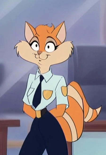 score_9, score_8_up, score_7_up, score_6_up, score_5_up, score_4_up, source_furry,detailed eyes, detailed face, (retro artstyle, 1990s \(style\), flat color, toon \(style\)),Ginger_Wildcat,pocket, 1girl, shirt, blue necktie, necktie, furry female, solo, furry,cat tail, breast pocket, shirt tucked in, body fur, white shirt, pants, orange fur, collared shirt, animal ears, standing, animal nose, blue pants, uniform, arms behind back, indoors, police uniform, cowboy shot, belt, short sleeves, brown fur, happy, police, white fur, constricted pupils, blurry background, black eyes, closed mouth, two-tone fur, sketch, policewoman, striped tail, blurry, black pants, artist name, :3, meme, blue skirt