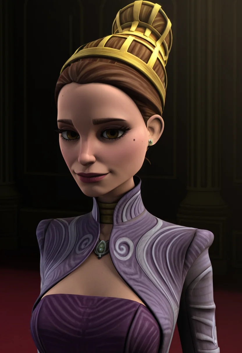 <lora:Padmé_Amidala:1> padmé_amidala, original_appearance, clone_wars_style, star_wars_background, 3d, senator_lavender, gold_crown_bun