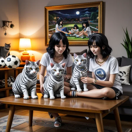 sandals, black hair, ball, 2girls, table, t-shirt, necklace, soccer, sitting, night, cat, tiger