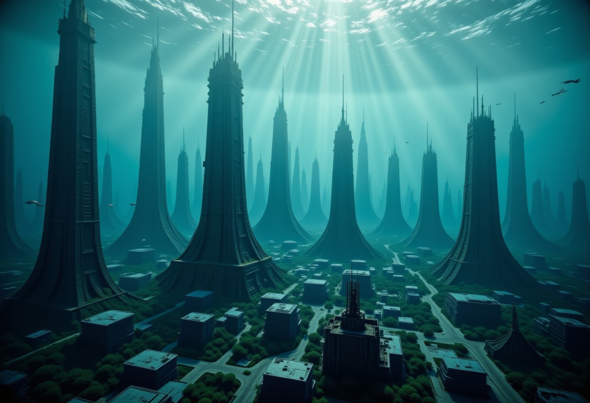 the most realistic, photorealistic photo ever taken [(submerged in the sea:1.5), ( VAST UNDERWATER City:1.5), ( NUCLEAR EXPLOSION:1.5), (SCIFI:1.4), (FISHES SWIMMING:1.5), A city where TECHNOLOGY WELL  developed, Huge construction、pyramids, Very dense and delicate, sun rays piercing the surface of the water,  Highest quality、WARM vibrant colors, masterpiece、RAW Photos、god rays, Realistic、water currant, Film Grain、] aidmaimageupgrader