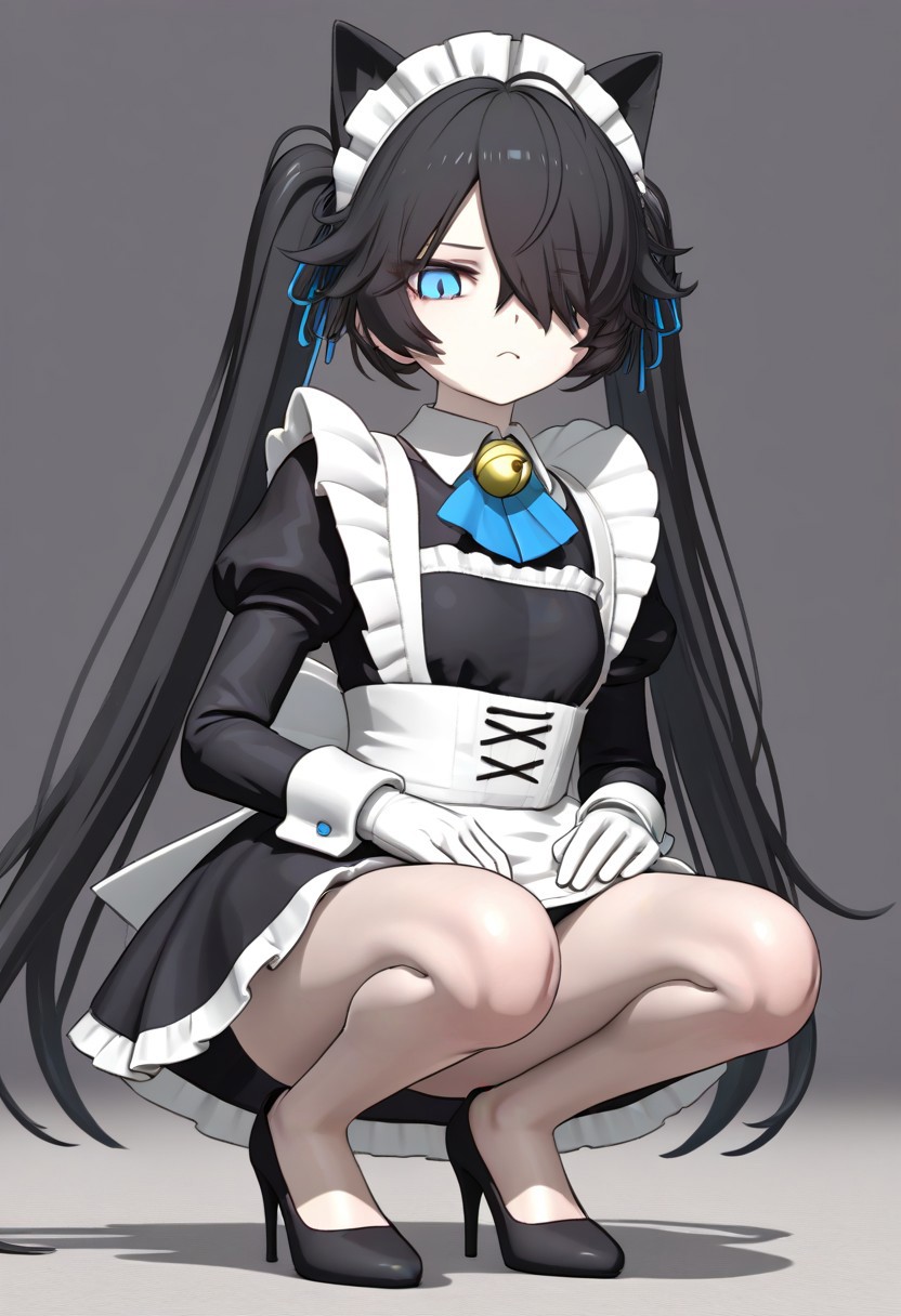 (3D),(((MMD))),(Maid-kasli), solo, white gloves, dress, hair over one eye, maid apron, blue eyes, twintails, cat ears, maid headdress, maid, gloves, 1girl, apron, juliet sleeves, long sleeves, long hair, black hair, animal ears, bell,(Fall down),(squatting down, heels touching each other, legs fully extended outward)