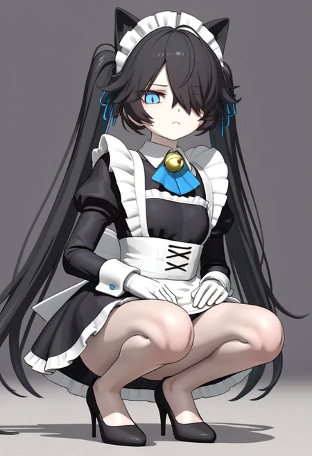(3D),(((MMD))),(Maid-kasli), solo, white gloves, dress, hair over one eye, maid apron, blue eyes, twintails, cat ears, maid headdress, maid, gloves, 1girl, apron, juliet sleeves, long sleeves, long hair, black hair, animal ears, bell,(Fall down),(squatting down, heels touching each other, legs fully extended outward)