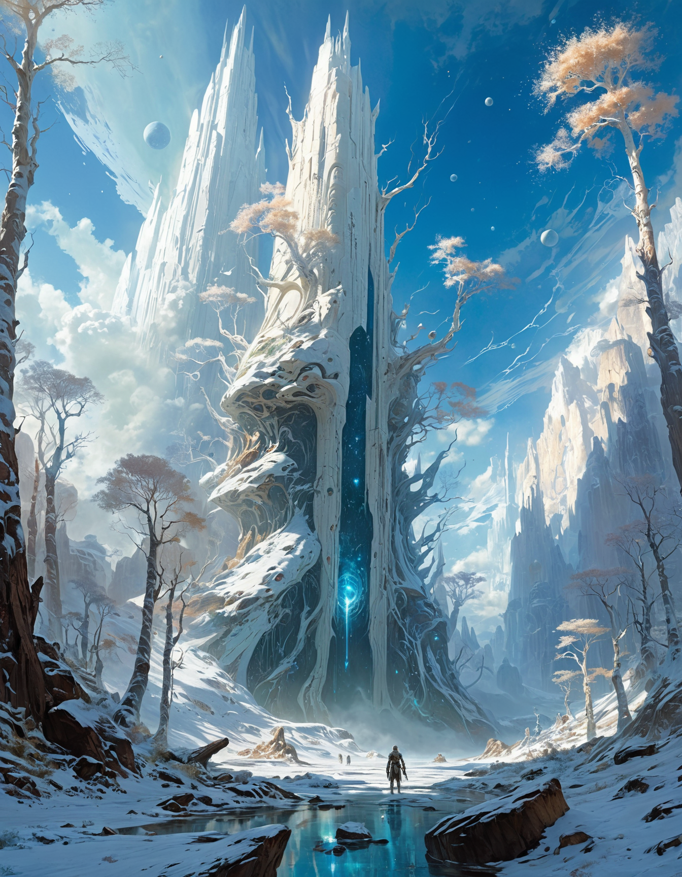 hyper realistic and highly detailed photo of an otherworldly landscape,pale, colorless, white, bleached, faded, ashen, epic scale, colossal magnitude, beautiful, by Stephan Martiniere and by Donato Giancola,  excellent composition, finest details, highest aesthetics, strong muted Birch and King Blue  hue, mystical glowing
