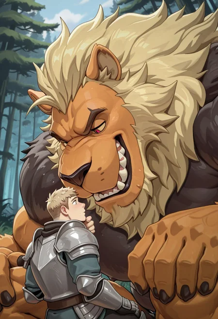masterpiece, best quality, amazing quality, BKing, human x furry, human and furry, furry with non-furry, interspecies, size difference, different body types, one human, one furry, bara, furry male, duo, 5 fingers, (armored, armor), red eyes, (sharp teeth), face close up, face, side view, huge muscular lion, forest, size diference, hand on chin
BREAK
Bking, blonde mane, orange skin, red eyes,
BREAK,
human, laios, slender human, small human, on knees in the forest