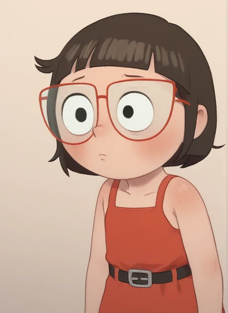 score_7_up, <lora:chloe:1> toon \(style\), Chloe ,Bob Cut , Red Glasses , <lora:PossumMachine:1>posmach ,red dress , belt , blush,