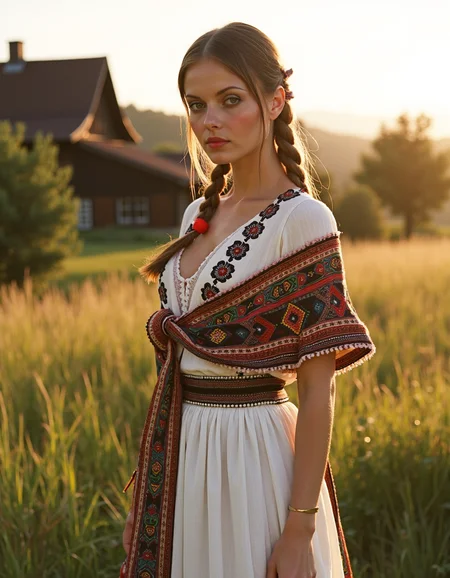 analog photography, shot by Kodak Duaflex II, ultra detailed, ultra quality, cinematic, a mesmerizing woman with brown hair woven into an elegant braid, adorned with bright red ribbons, standing in a lush meadow. She wears a traditional Romanian blouse (ie) with intricate black and red embroidery, symbolizing fertility and protection. Her flowing white skirt features delicate floral lace along the hem, and a wide, beaded belt accentuates her waist. Over her shoulders, she drapes a vibrantly woven wool shawl with geometric patterns. Her gaze is soft and mysterious, her Slavic cheekbones illuminated by the golden sunset as she stands near a quaint wooden village. <lora:Janacovaxhres-grm80vx:1>