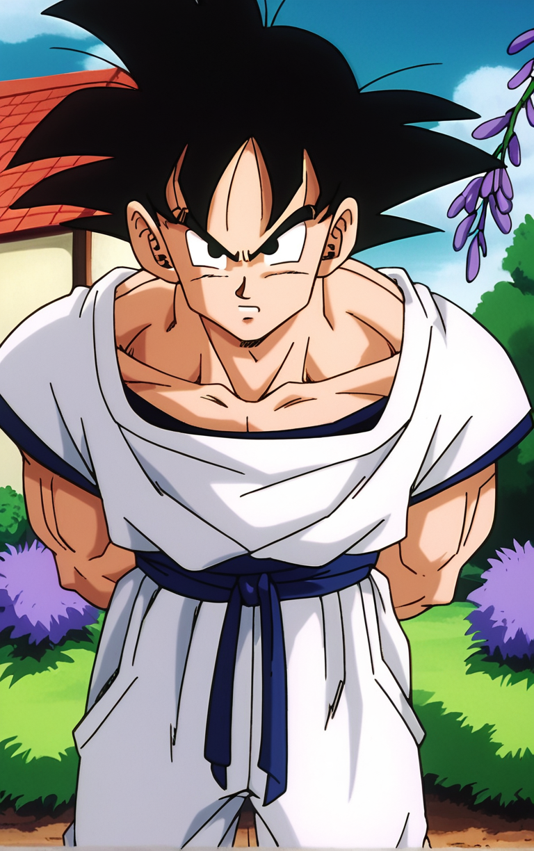 score_9, score_8_up, score_7_up, BREAK
ARTSTYLE_DragonBallZ_ownwaifu,  retro artstyle, 1990s \(style\), 
1boy, male focus, black hair, black eyes, spiked hair, son goku, 
dougi, collarbone, muscular male,
(leaning forward, arms behind back), cowboy shot, garden, wisteria, outdoors, <lora:PONY_STYLE_DragonBallZ_ownwaifu:0.85> , depth of field, solo,