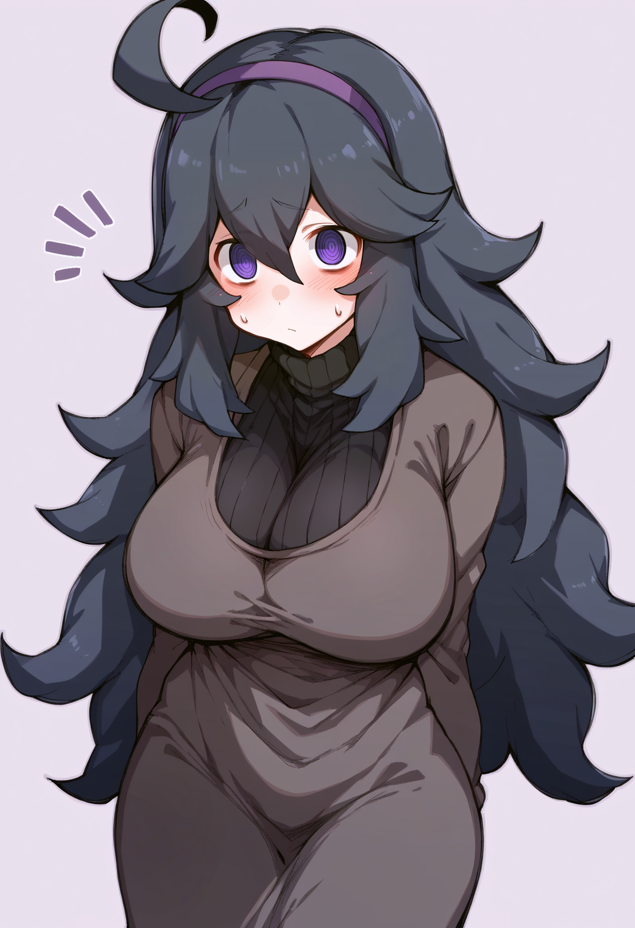 score_9, score_8_up, score_7_up,
BREAK
source_anime,
BREAK
hex maniac \(pokemon\), pokemon, 1girl, purple eyes, purple hairband,
shy, blush, long hair, ahoge, @_@, large breasts, long dress, black dress, long sleeves,
 <lora:kz oji-v1-PDXL:1>