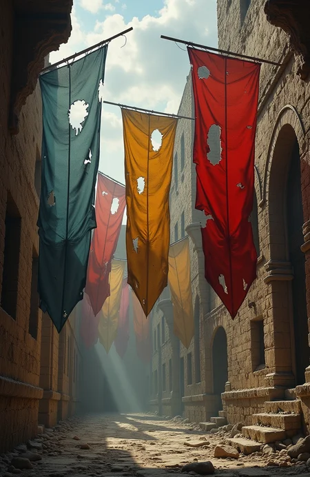 Tattered banners hang in cursed ruins. <lora:models\Flux\Cinematic_style_2_(FLUX):0.3> <lora:models\Flux\Urushihara_XL__Flux:0.3> <lora:models\Flux\style_of_John_Kenn_Mortensen_FLUX_219:0.3>,