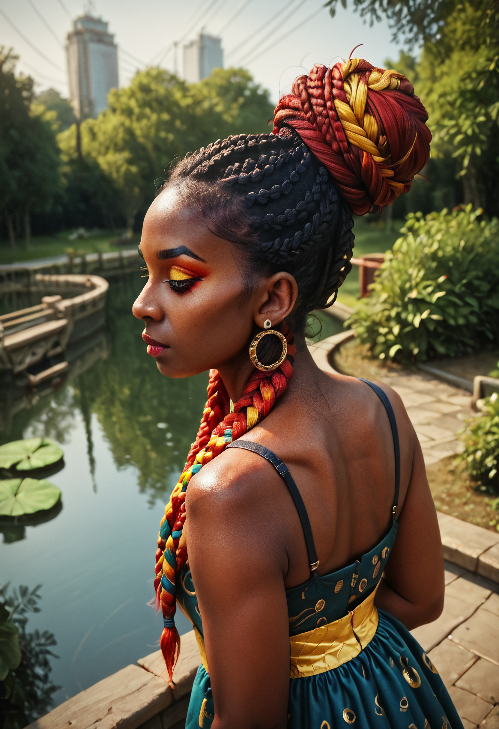 score_9, score_8_up, score_7_up, score_6_up, score_5_up, score_4_up, a highly detailed painting, 1 woman, black woman, dark skin, (multicolor box braids, red2yellow box braids, updo), makeup, fingernails, earrings, jewelry, high angle, beautiful embroidered dress, sunny day at the park, bridge over a pond<lora:Pony_XL_Colorful_Box_Braids> <lora:Black_Woman_v3-000006> <lora:detailed_notrigger>