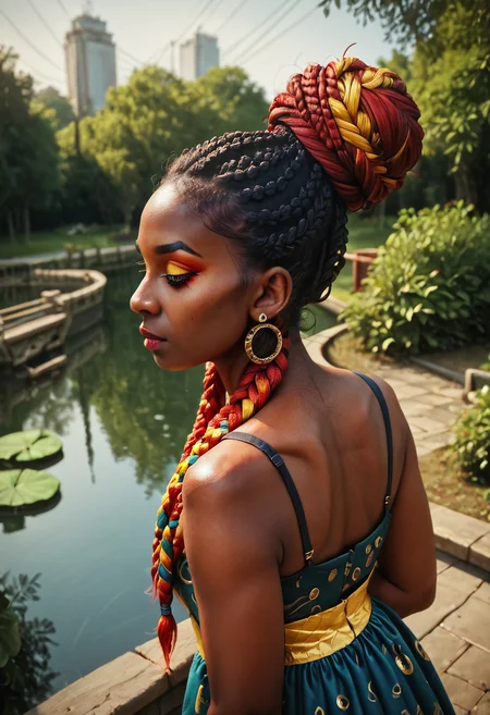 score_9, score_8_up, score_7_up, score_6_up, score_5_up, score_4_up, a highly detailed painting, 1 woman, black woman, dark skin, (multicolor box braids, red2yellow box braids, updo), makeup, fingernails, earrings, jewelry, high angle, beautiful embroidered dress, sunny day at the park, bridge over a pond<lora:Pony_XL_Colorful_Box_Braids> <lora:Black_Woman_v3-000006> <lora:detailed_notrigger>