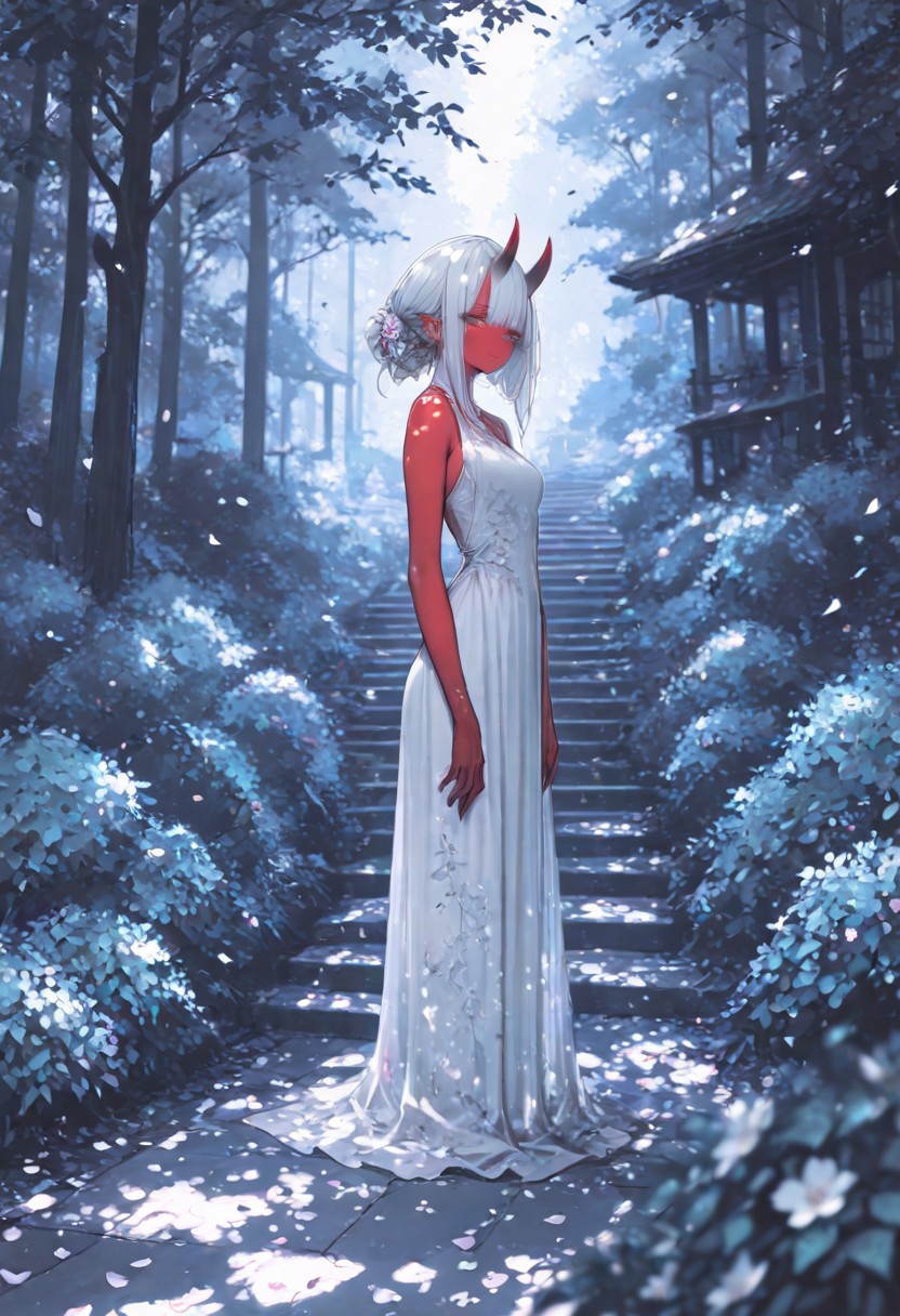 masterpiece, best quality, Good quality, very aesthetic, absurdres, newest,1girl, light rays, looking at viewer, solo, 
Cinematic Lighting, gradient color, gorgeous girl
BREAK
masterpiece, amazing quality, best quality, ultra-detailed, 8K, illustration, CG, ultra-detailed-eyes, detailed background, cute girl, eyelashes, erotic, love, petals falling,
BREAK
(sexy, slutty, hot, aroused), 
Aka-Oni, oni, colored skin, red skin, smooth horns, black horns
BREAK
flower, outdoors, day, blurry, tree, petals, leaf, sunlight, plant, building, scenery, nature, blurry foreground, stairs, bush, wide shot, dappled sunlight, falling leaves, limited palette, plain dress,