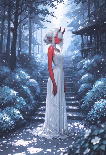 masterpiece, best quality, Good quality, very aesthetic, absurdres, newest,1girl, light rays, looking at viewer, solo, 
Cinematic Lighting, gradient color, gorgeous girl
BREAK
masterpiece, amazing quality, best quality, ultra-detailed, 8K, illustration, CG, ultra-detailed-eyes, detailed background, cute girl, eyelashes, erotic, love, petals falling,
BREAK
(sexy, slutty, hot, aroused), 
Aka-Oni, oni, colored skin, red skin, smooth horns, black horns
BREAK
flower, outdoors, day, blurry, tree, petals, leaf, sunlight, plant, building, scenery, nature, blurry foreground, stairs, bush, wide shot, dappled sunlight, falling leaves, limited palette, plain dress,