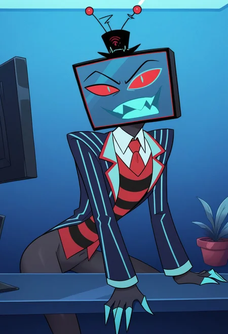 score_9, score_8_up, score_7_up,
masterpiece, best quality, detailed, amazing quality,
detailed background, office,
detailed eyes, clean eyes,
dynamic pose, sitting on desk,
1man,
Sex, 
Vox, TV head, television head, rectangular Head Cyan screen, cyan screen, red sclera, blue pupils, blue teeth, tophat, TV antennas, red and black striped shirt, dark blue coat, red tie, black skin,
easynegative