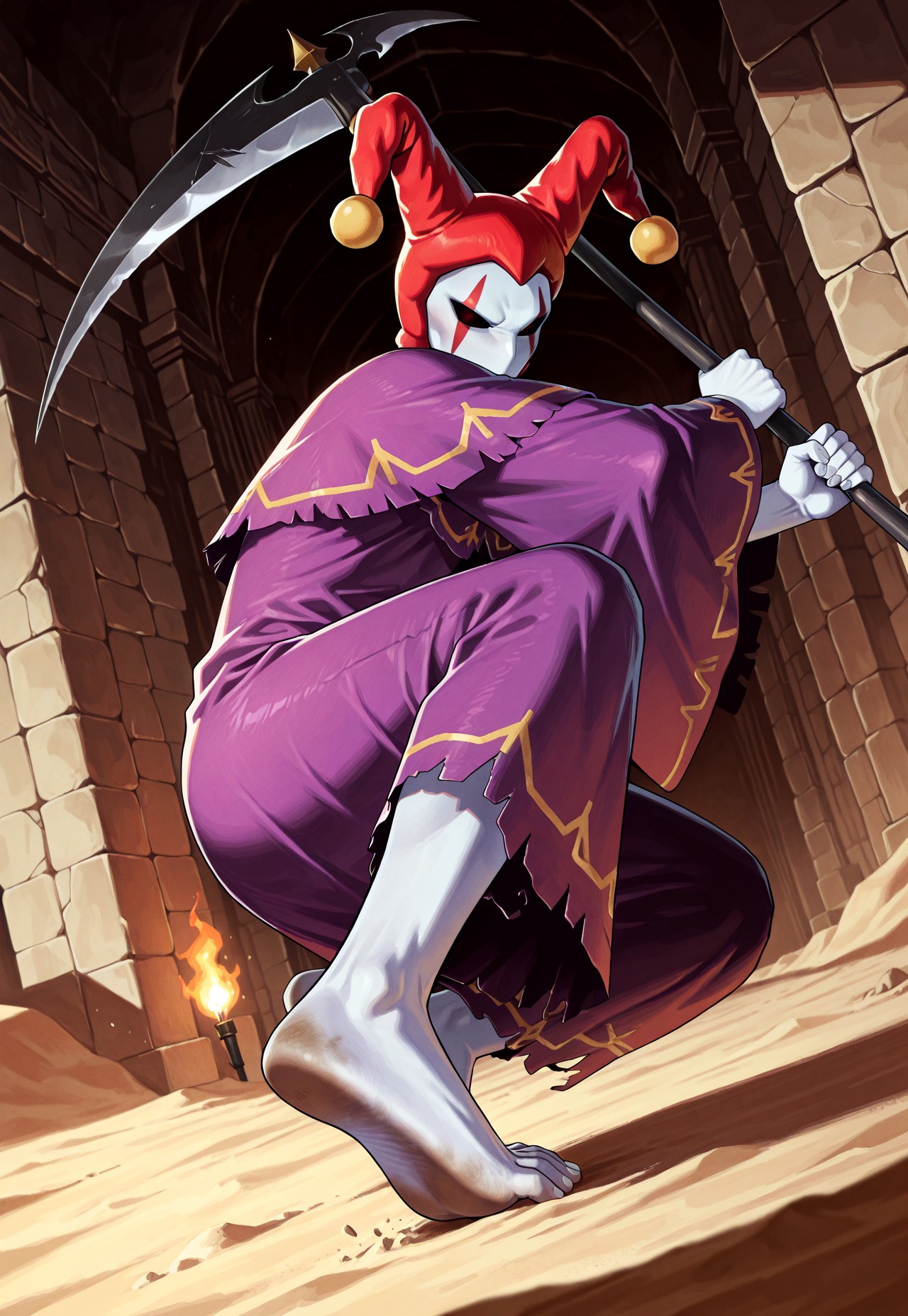 score_9,score_8,score_7,source_furry, (masterpiece, best quality, high quality:1.2), detailed hands,character focus, detailed skins, body blush, cinematic shadow, character focus, ultra detailed background, 
dutch angle,
<solo:1.5>, <1boy:1.5>, (anime:3.5), (official:3.5), (dynamic pose:1.8), kicking, focus soles, reality soles, dirty soles,
chariotsaga, 1boy, solo, male focus, 
jester, red headwear, looking at viewer, white skin, jester cap, pom pom (clothes), (faceless mask:1.2), facepaint, hat, robe, purple robe, torn robes, long sleeves, wide sleeves, barefoot, light gray color nails, holding, scythe, weapon, holding scythe, holding weapon,  
ancient ruin background, indoor, dark orange stone wide rooms, torch wall, darkness, sand, desert,