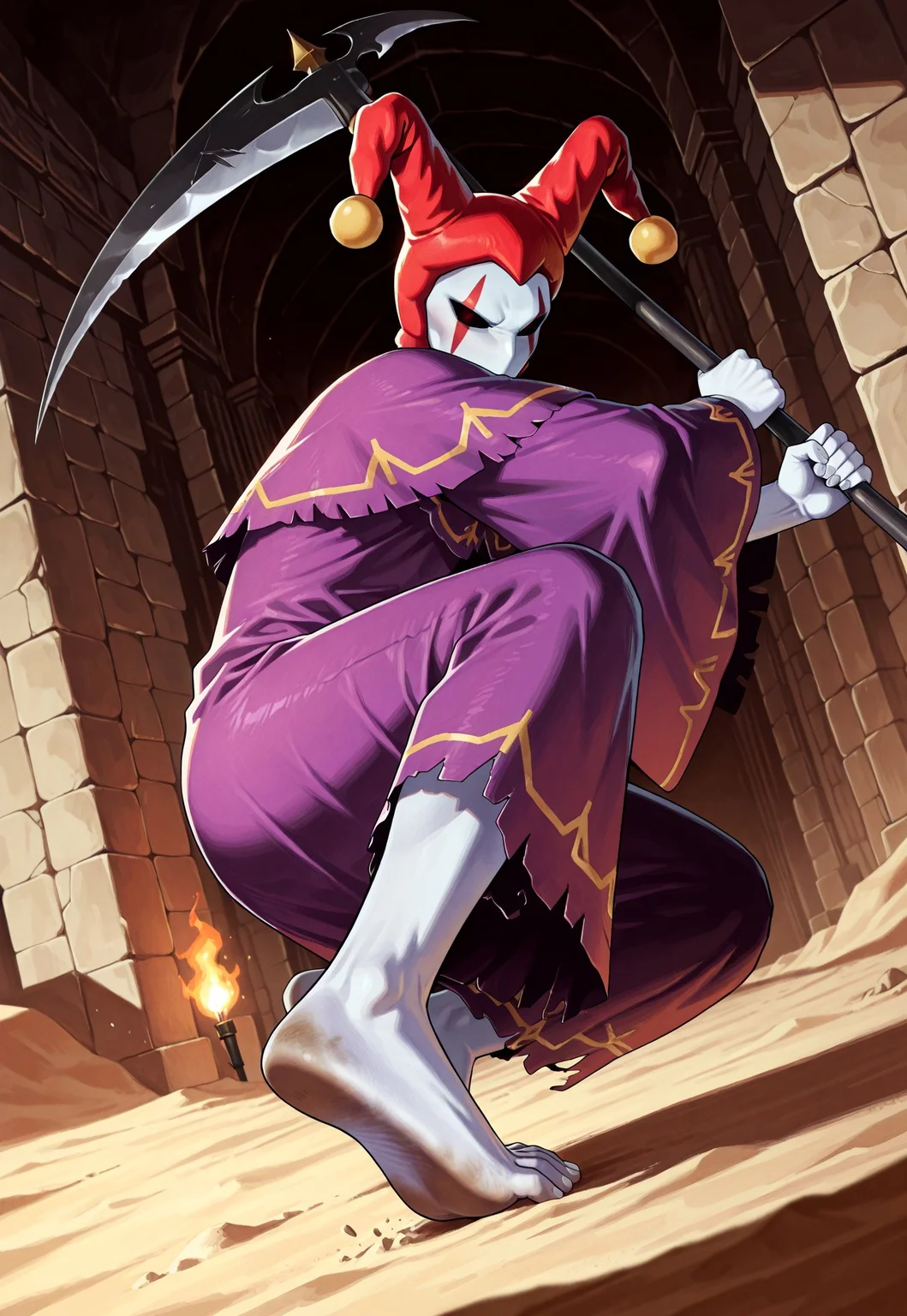 score_9,score_8,score_7,source_furry, (masterpiece, best quality, high quality:1.2), detailed hands,character focus, detailed skins, body blush, cinematic shadow, character focus, ultra detailed background,
dutch angle,
<solo:1.5>, <1boy:1.5>, (anime:3.5), (official:3.5), (dynamic pose:1.8), kicking, focus soles, reality soles, dirty soles,
chariotsaga, 1boy, solo, male focus,
jester, red headwear, looking at viewer, white skin, jester cap, pom pom (clothes), (faceless mask:1.2), facepaint, hat, robe, purple robe, torn robes, long sleeves, wide sleeves, barefoot, light gray color nails, holding, scythe, weapon, holding scythe, holding weapon,
ancient ruin background, indoor, dark orange stone wide rooms, torch wall, darkness, sand, desert,