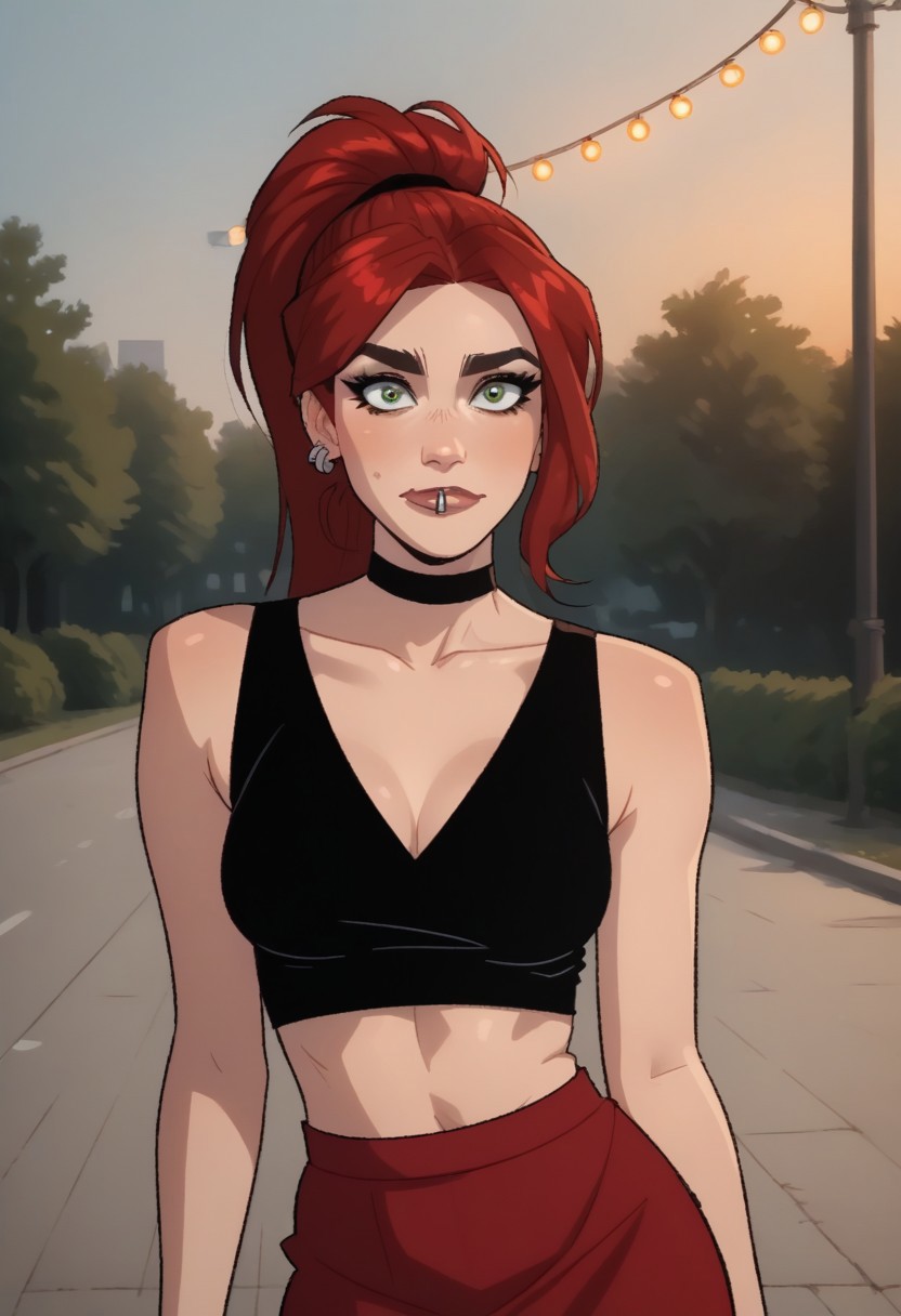 score_9, score_8_up, score_7_up, score_6_up, flat art, source_anime, 1girl, solo, tc_val, big green eyes, silver lip piercing, silver earring piercing, red hair, ponytail, hair in front of face, wearing choker, black crop top, skirt, photo session in park, romantic lights, facing viewer, sexy pose, flirty seductive look, looking at viewer